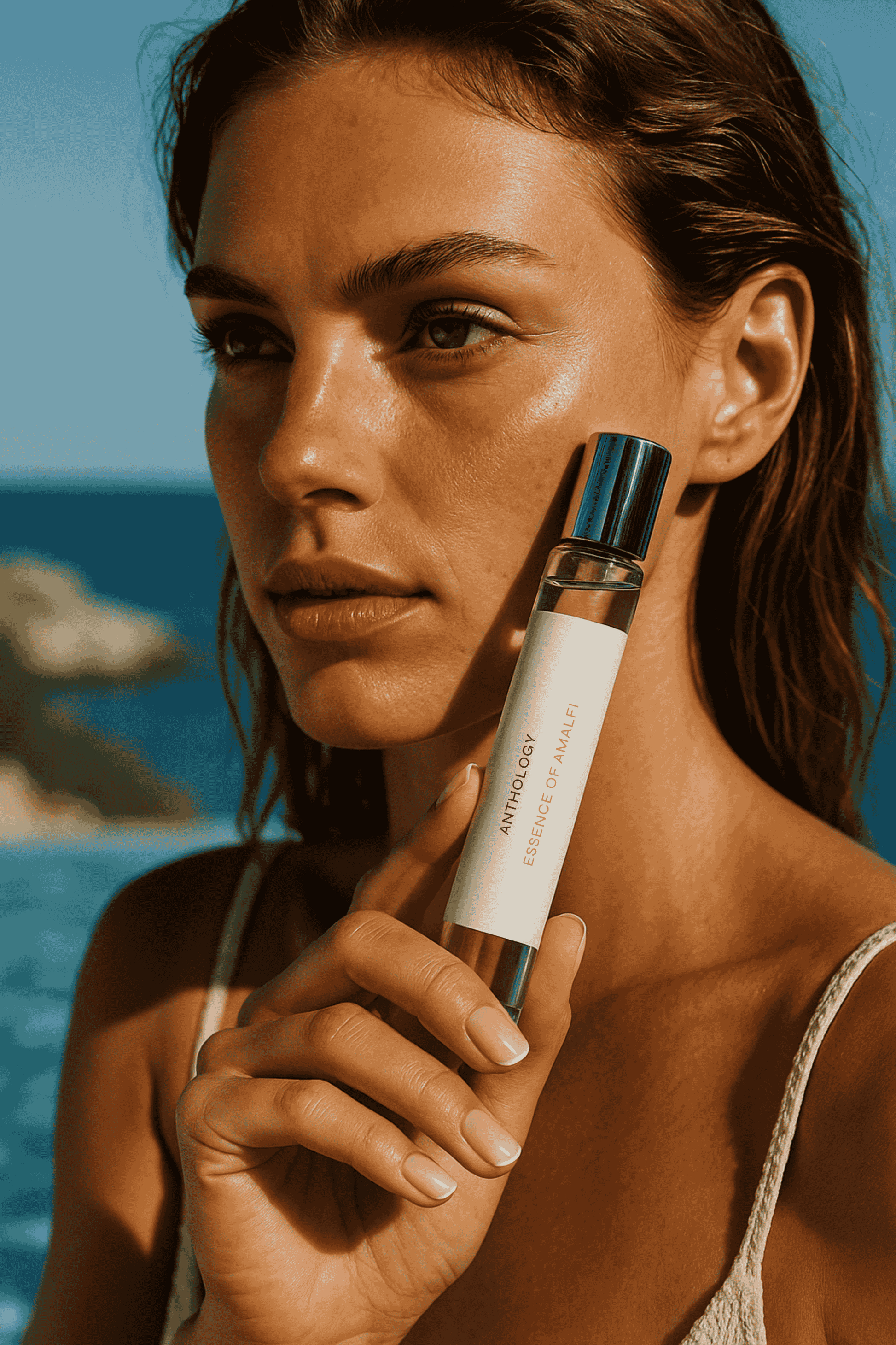 Woman holding a perfume bottle with a scenic background