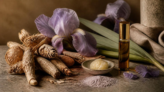 Dried orris roots, pale violet iris flowers and a dish of orris butter beside an amber-glass perfume oil roll-on with a gold cap, in warm, moody light.