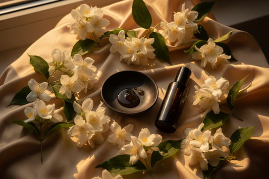 Fresh white jasmine blossoms scattered on golden silk with jasmine absolute dish and dark glass perfume oil bottle in warm evening light