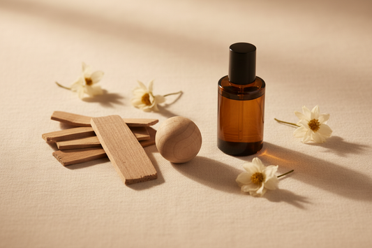 Smooth sandalwood chips and carved sphere with perfume oil bottle on warm ivory linen with dried white flowers