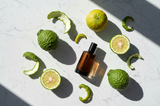 Whole and halved bergamot fruits with dried peel curls and perfume oil bottle on white marble in bright Mediterranean light