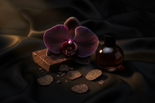 Deep purple-black orchid bloom with dark chocolate, truffle and perfume oil bottle on black silk in golden light