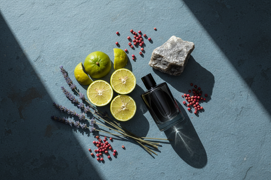 Calabrian bergamot halves, wild lavender, mineral stone, Sichuan pepper and perfume oil bottle on blue-grey slate in expansive light