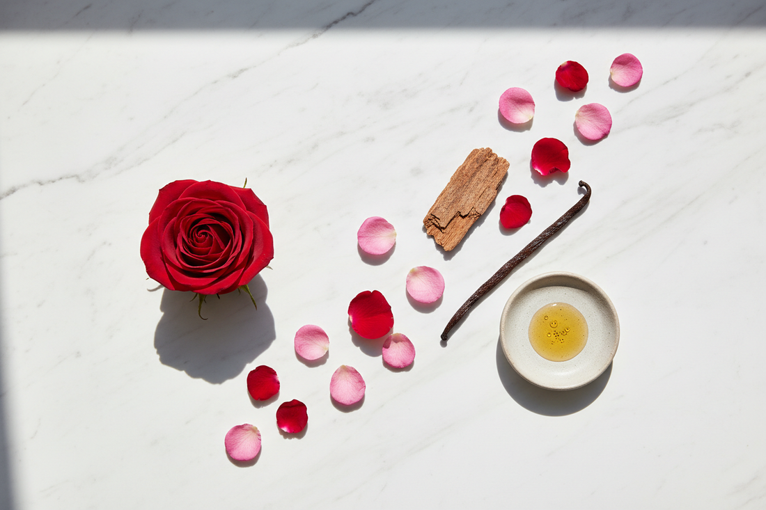 Single rose bloom beside combined rose petals, cedar, vanilla and golden oil drop on white marble