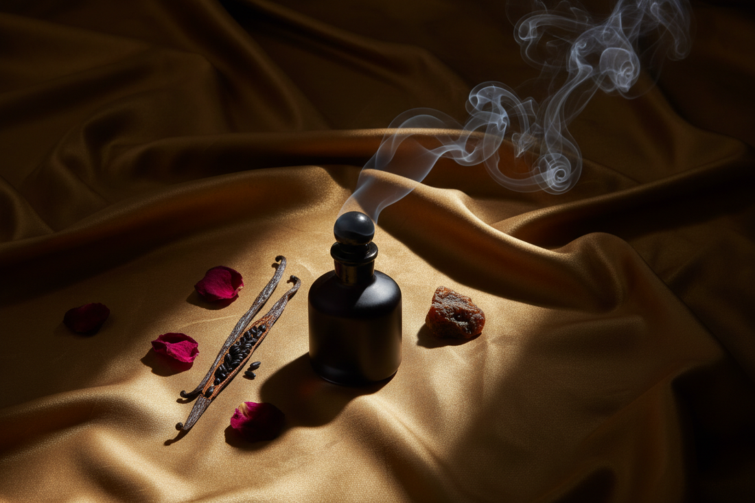 Rose petals, vanilla pod, benzoin resin and incense smoke with perfume oil bottle on aged gold silk in dramatic light