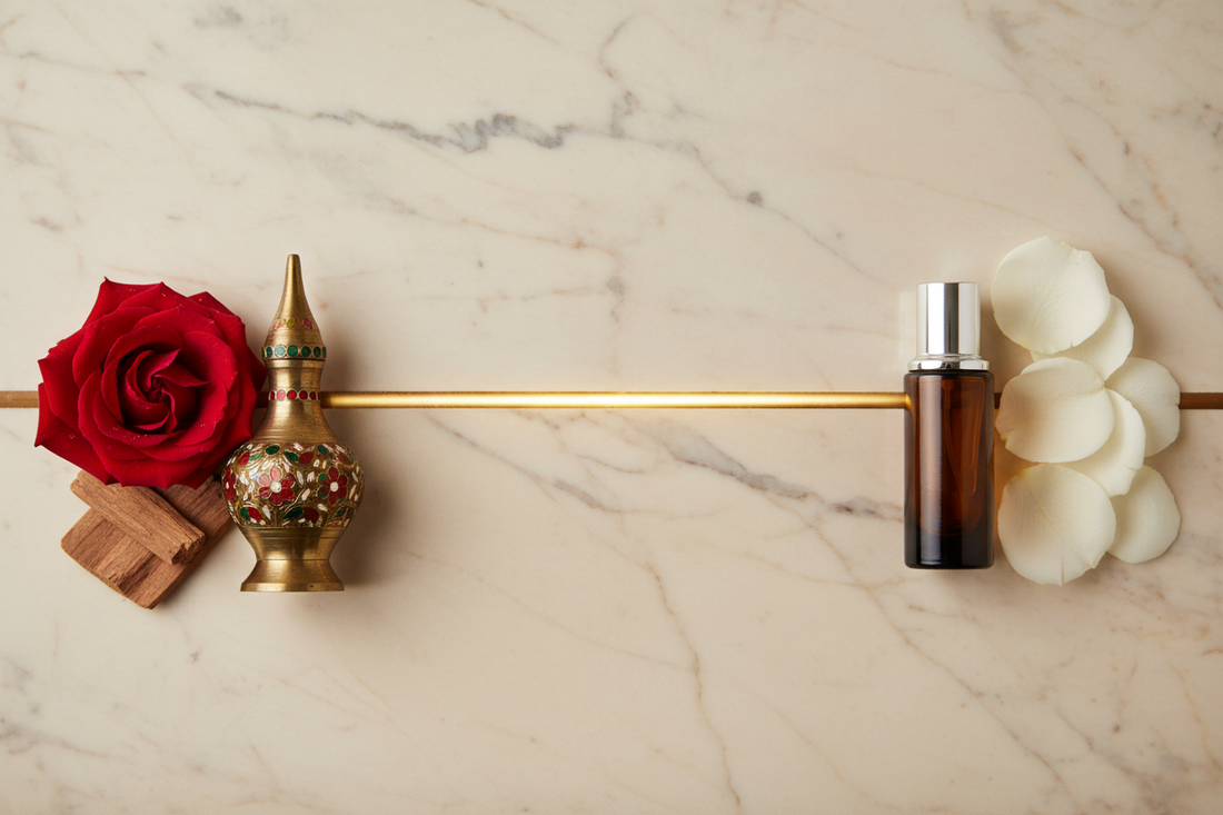 Traditional brass attar bottle with rose and sandalwood beside modern dark glass perfume oil bottle on ivory marble