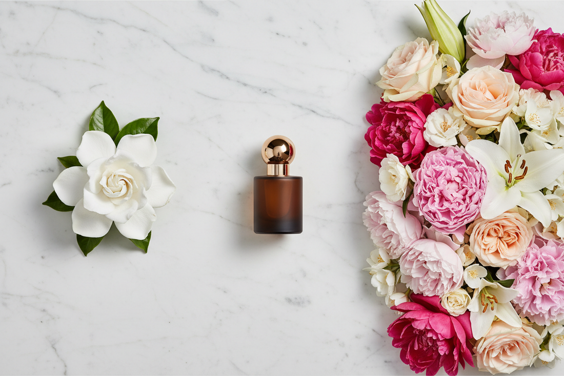 Single white gardenia on one side and mixed floral bouquet on the other with perfume oil bottle at centre on white marble