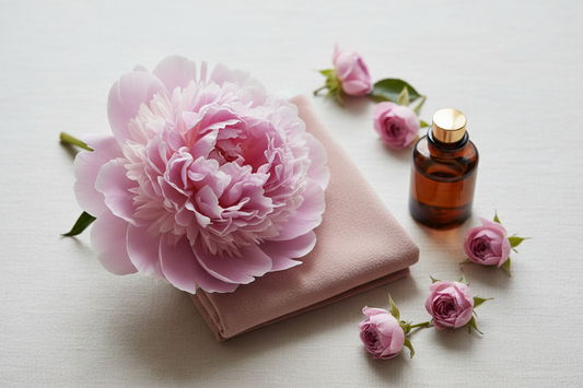 Blush pink peony bloom, soft suede fabric, pink rosebuds and perfume oil bottle on cream linen in gentle English light