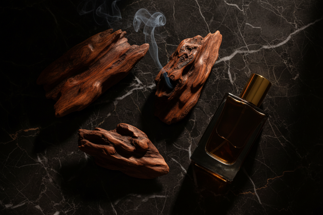 Dark resin-saturated agarwood pieces with wisps of dark smoke and perfume oil bottle on aged black marble in dramatic warm light