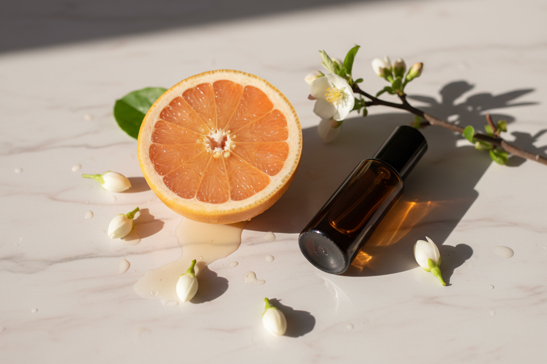 Grapefruit half, jasmine buds, quince blossom and perfume oil bottle on pale blush marble in clear optimistic morning light