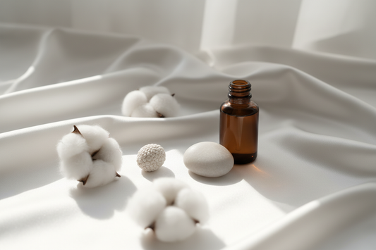 Ambrette seed, white cotton wisps, smooth white stone and perfume oil bottle on pale white silk in soft luminous light