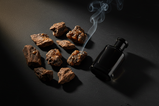 Dark resinous agarwood oud chips with wisp of smoke and perfume oil bottle on black slate in warm dramatic light