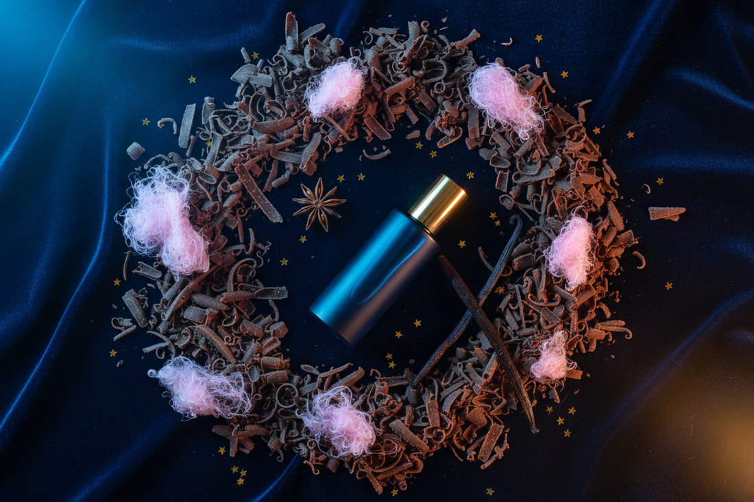 Chocolate, cotton candy, star anise, vanilla pod and perfume oil bottle on midnight blue velvet with gold stars