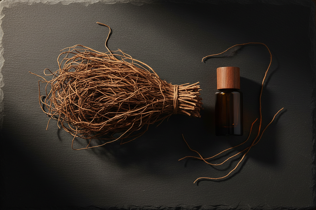 Bundle of dried vetiver roots with fibrous texture and perfume oil bottle on dark slate in warm moody light