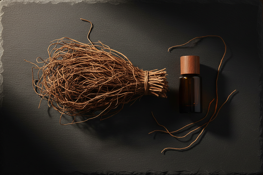 Bundle of dried vetiver roots with fibrous texture and perfume oil bottle on dark slate in warm moody light
