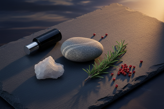 Grey river stone, rosemary, pink peppercorns and perfume oil bottle on cool slate in dramatic dusk light