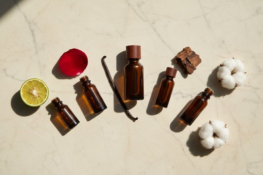 Five dark glass perfume oil bottles in an arc on cream marble each with a signature ingredient — bergamot, rose, vanilla, oud, white cotton