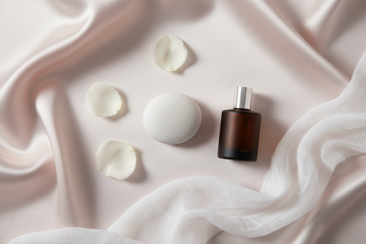 White river stone, rose petals, cotton muslin and perfume oil bottle on blush silk in soft luminous light