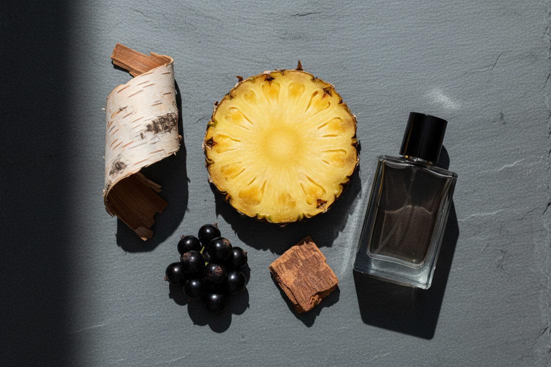 Split pineapple wedge, birch bark, blackcurrant berries, cedar chip and perfume oil bottle on grey slate in bold natural light