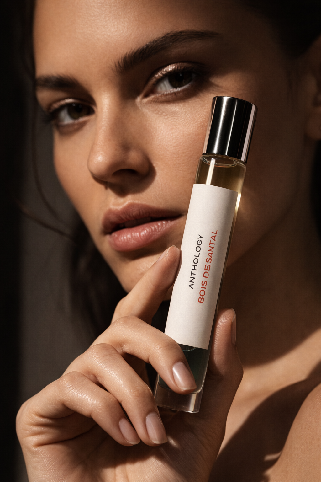 Woman holding a small bottle of Anthology perfume.