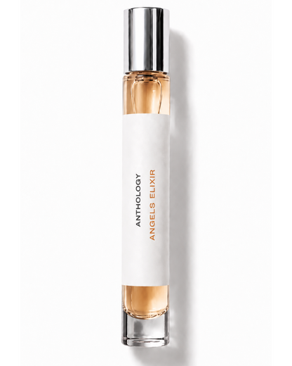 Perfume bottle with gold cap and white body on a white background